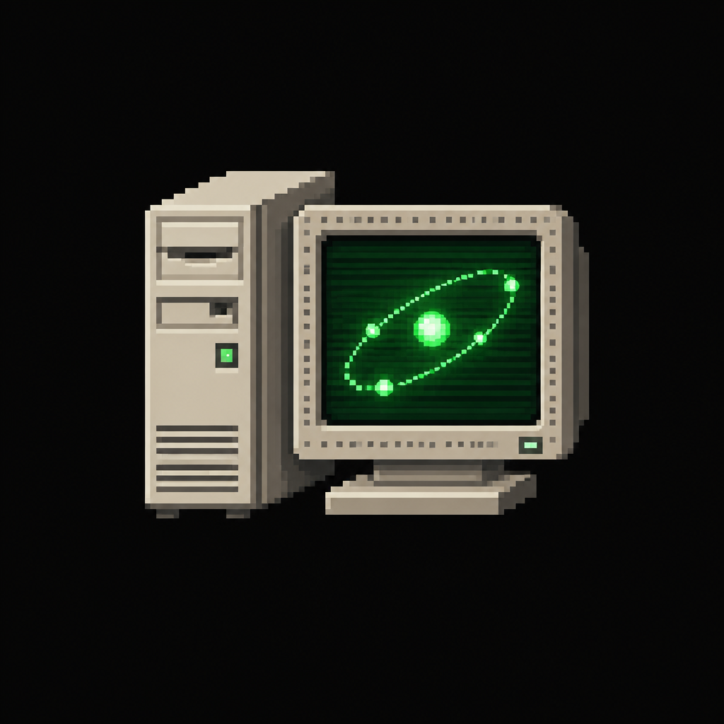 A retro computer glowing with a green quantum Bloch sphere